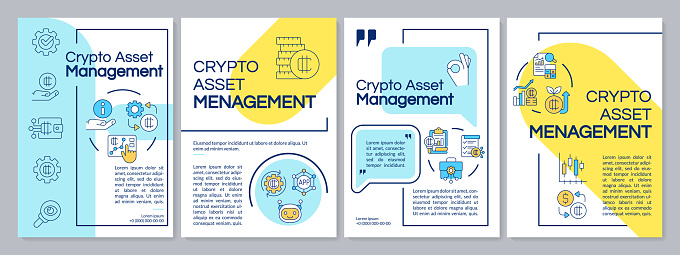 Tokenized assets management blue and yellow brochure template. Crypto. Leaflet design with linear icons. Editable 4 vector layouts for presentation, annual reports. Questrial, Lato-Regular fonts used
