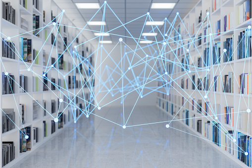 Library Interior With Bookshelves And Plexus