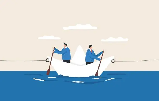 Vector illustration of Choosing the direction of the business. Different opinions. Two choices that must be decided. 
 Two men rowing in opposite direction.