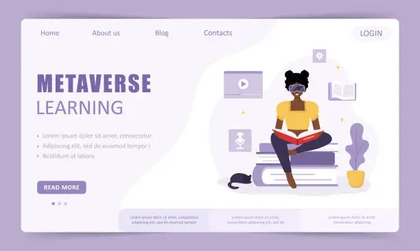 Vector illustration of Metaverse learning landing page template. African woman in VR glasses sitting and reading books. Modern technology for education. Vector illustration in flat cartoon style. Virtual reality concept