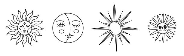 ilustrações de stock, clip art, desenhos animados e ícones de collection of mystical and astrological icons. solar symbols. astro tattoo or stickers. decor for natal chart and horoscopes. esoteric set. line art in vector illustration. isolated elements. - pattern information medium technology backgrounds