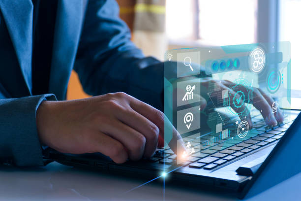 istock Business database analysis concept. Businessman analyzing economic data. related to business operations, analysis of future economic trends, virtual screens, business networking, internet technology. 1408192595