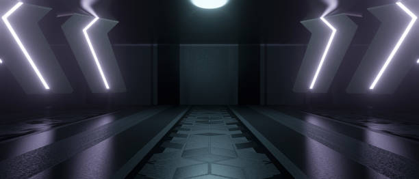 istock Abstract Minimal Retro Modern Spaceship Studio Showroom Gallery Concrete Asphalt Floor Hangar Tunnel Corridor Dark Grey Background Wallpaper 3D Render 1408192666