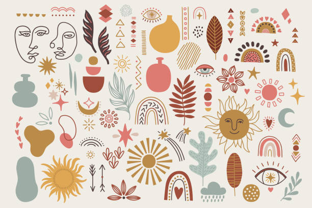 ilustraciones, imágenes clip art, dibujos animados e iconos de stock de conjunto de verano boho - jarrón, cara de mujer, hojas, sol, luna, estrella - child preschool backgrounds baby