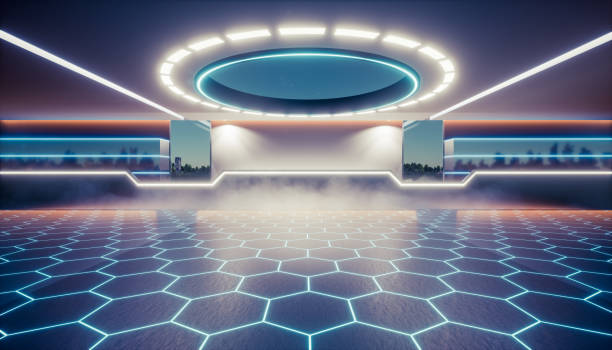 istock 3d rendering of empty space inside futuristic showroom, spaceship, hall or studio for background. 1408193508