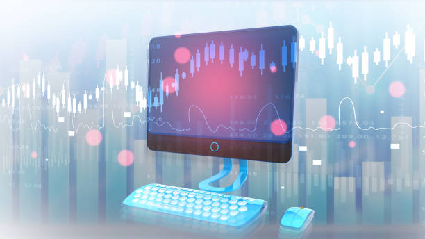 istock Desktop computer on stock market background 1408193510