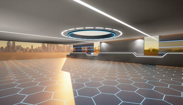 3d rendering of empty space inside futuristic showroom, spaceship, hall or studio for background.