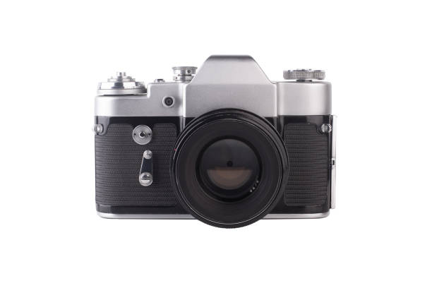 Vintage SLR camera isolated on white background.