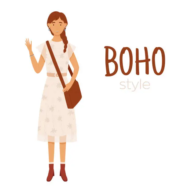 Vector illustration of Young girl in boho style dress. Student girl, stylish youth. Vector illustration in hand drawn style on a white background