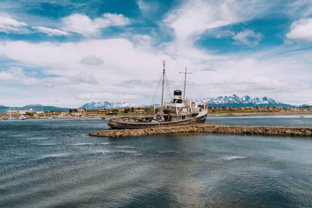 Grounded old boat in Ushuaia harbor. Ushuaia is the southernmost city in the world.