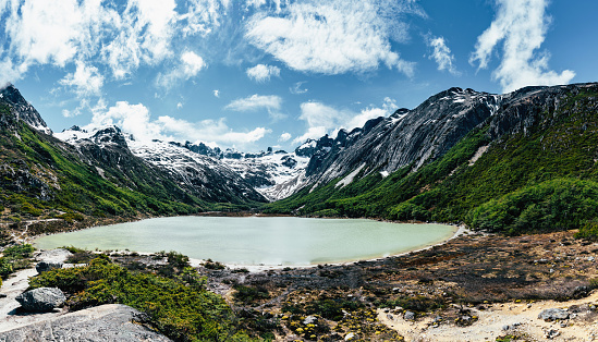 Pano image of Laguna Esmeralda, Emerald lake near Ushuaia, Patagonia - Argentina. Tierra del Fuego province.