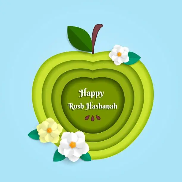 Vector illustration of Rosh Hashanah greeting banner with symbol of Jewish New Year holiday apple and paper flowes. Paper cut vector template.
