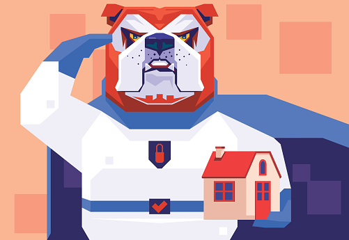 superhero bulldog holding house and saluting