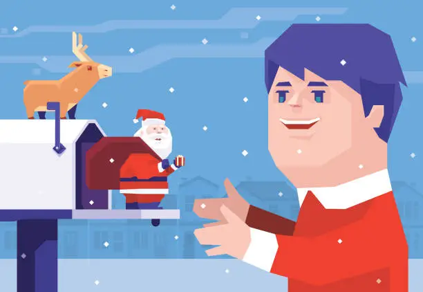 Vector illustration of boy meeting Santa Claus on mailbox