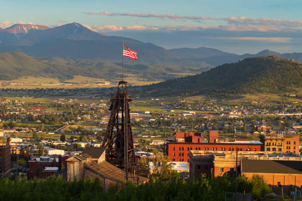 Headframes of Butte, Montana, remnants of mines of the early 1900's stock photo