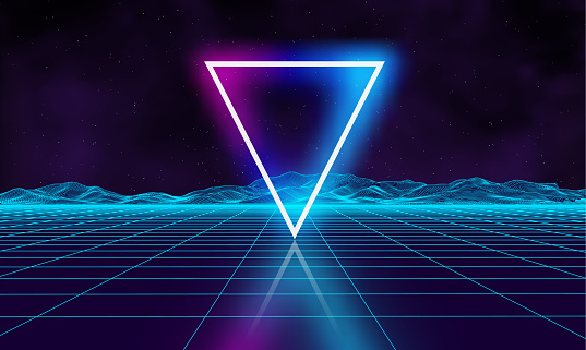 Retro futuristic background for game. Music 3d dance galaxy poster. 80s background disco. Neon triangle synthwave digital wireframe landscape with palms.