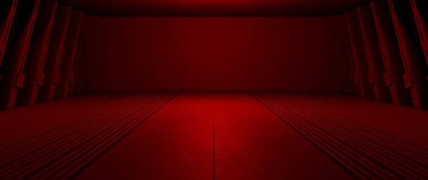 istock Modern Showroom Car Garage Empty Corridor Spotlight Dark Red Abstract Background Spaceship Architecture For Product Backgrounds Presentation 3D Rendering 1408198968