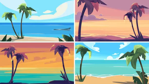 Vector illustration of Set of landscapes with palm trees.