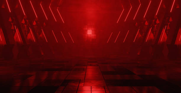 istock Red Glowing Showroom Futuristic Background Empty Hallway Corridor Room Studio Dance Glowing 3D Render 1408199048