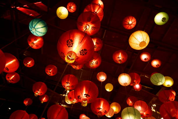 Chinese lanterns during new year festival,Chinese new year lanterns in chinatown, firecracker celebration,for background stock photo