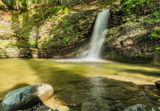 istock Stormy waterfall in summer mountain forest 1408199986
