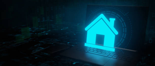istock Home real estate online glowing hologram laptop 3D Render 1408200207