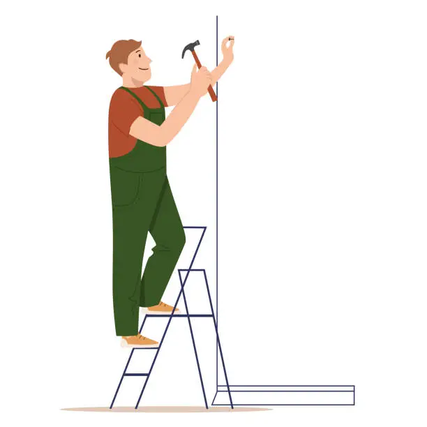 Vector illustration of Worker stands on a ladder and hammers a nail. Vector illustration flat design. Home Renovation. Man in uniform. Male Construction Worker