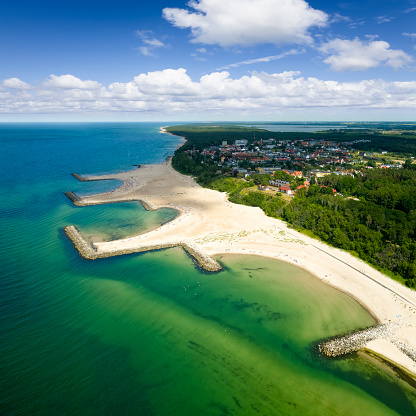 Vacations in Poland - aerial view of beach in the Jaroslawiec,  a small tourist village in the West Pomeranian Voivodeship.  A huge, artificial beach with an area of 5 hectares is the largest in Poland and is called the Polish Dubai