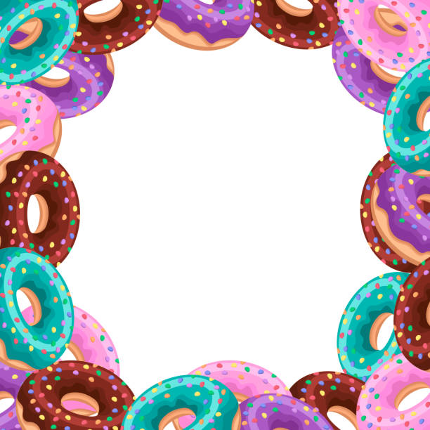 Frame multicolored donuts on a white background.Vector illustration can be used in the menus of bakeries, restaurants, postcards, banners. Frame multicolored donuts on a white background.Vector illustration can be used in the menus of bakeries, restaurants, postcards, banners. breakfast borders stock illustrations