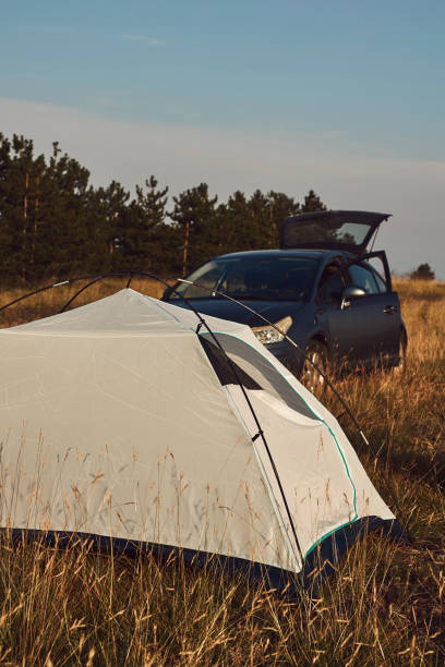 istock Camping in nature, unpacking and packing small tent outdoors, recreation and hobbies. 1408201996