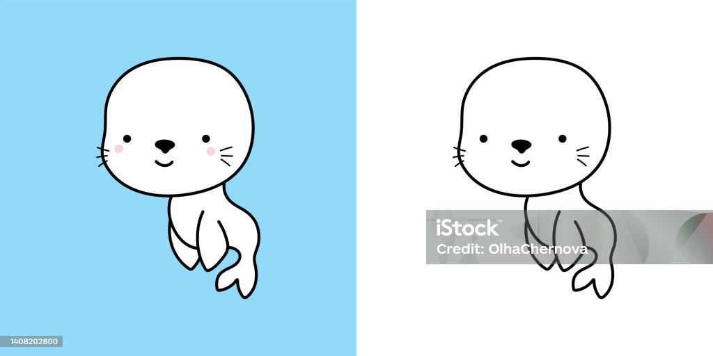 Set Clipart Seal Coloring Page And Colored Illustration Clip Art Kawaii