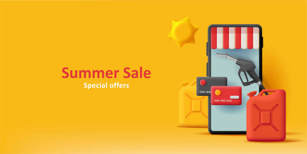 Web summer promo banner for application for gas station with 3d smartphone illustration with fuel canisters and gas nozzle Web summer promo banner for application for gas station with 3d smartphone illustration with fuel canisters and gas nozzle. Vector black illustration fossil fuel stock illustrations