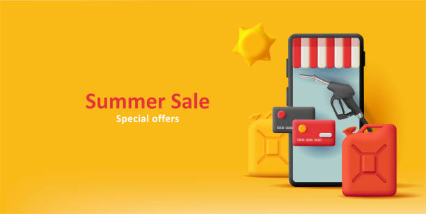 web summer promo banner for application for gas station with 3d smartphone illustration with fuel canisters and gas nozzle - 車站 幅插畫檔、美工圖案、卡通及圖標