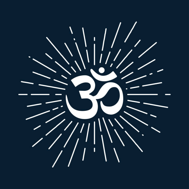 illustrazioni stock, clip art, cartoni animati e icone di tendenza di vettore speritual yoga chakra sahasrara icona con sunburst. simbolo del tatuaggio della linea del segno di meditazione om su uno sfondo blu scuro - om symbol yoga symbol hinduism
