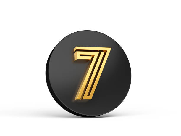 Royal Gold Modern Font. Elite 3D Digit Letter 7 Seven on Black 3d button icon 3d Illustration