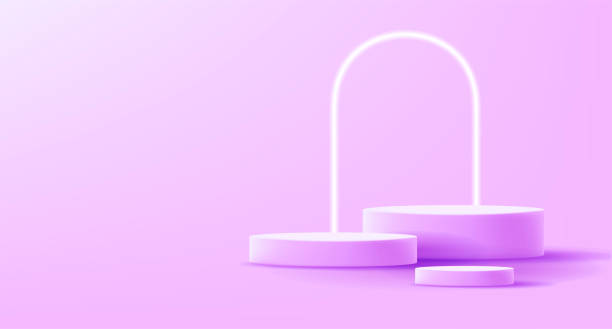 istock 3d render composition of cylinder shaped podium and arch in violet pink colors, three empty platforms 1408204308