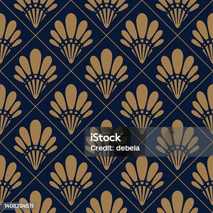 istock Art Deco shell pattern. Gold and navy blue ornamental background. Interior decor design. 1408204511