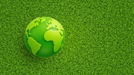 Green cartoon planet Earth on grass background. Earth Day. Green planet. Ecological concept. Mother Nature. Realistic 3d vector illustration