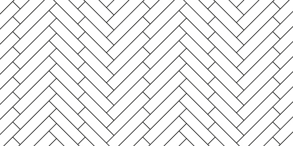 Herringbone floor. Tile pattern for kitchen and bathroom. Parquet texture. Modern geometric backsplash for wood floor. Outline black mosaic on white background. Vector.