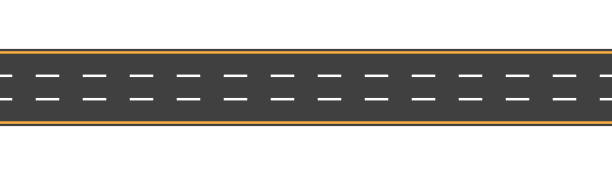 asphaltstraße mit gelben und weißen linien. gerade linie für autobahn und straße in der stadt. fahrbahn für auto. weg mit vier fahrspuren. schwarzes gleis für den verkehr des transports. vektor - road street highway country road stock-grafiken, -clipart, -cartoons und -symbole