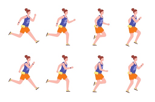 Running woman sequence. Sprite animation run women forward, cycle runner poses jogging leg motion 2d animated fitness athlete profile in sport sneakers vector illustration. Character sport animation