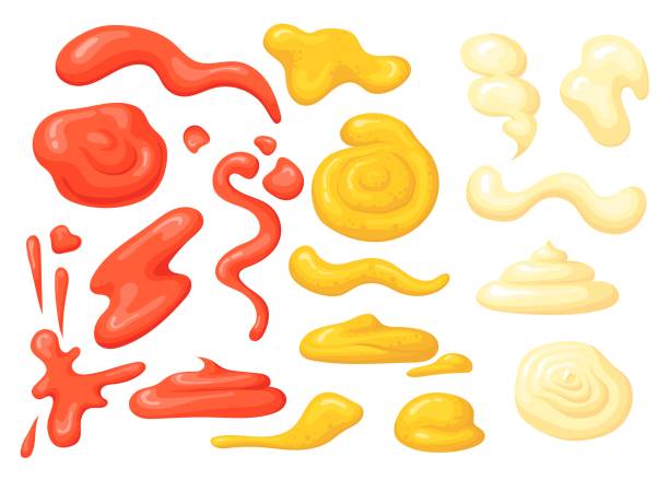 illustrations, cliparts, dessins animés et icônes de taches de sauce cartoon. mayonnaise stain sauce splash american ketchup drizzle dip moutarde, renverser mayo jaune rouge crème tourbillon splat vinaigrette goutte de tomate, illustration vectorielle soignée - moutarde assaisonnements et vinaigrettes