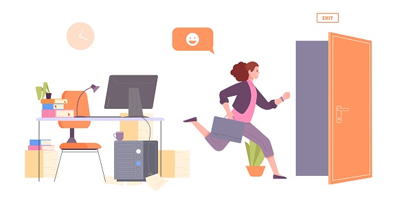 Businesswoman leaves office. Woman run away job to exiting door, employee procrastinate work, lady late home, working escape on break, procrastination vector illustration of office businesswoman