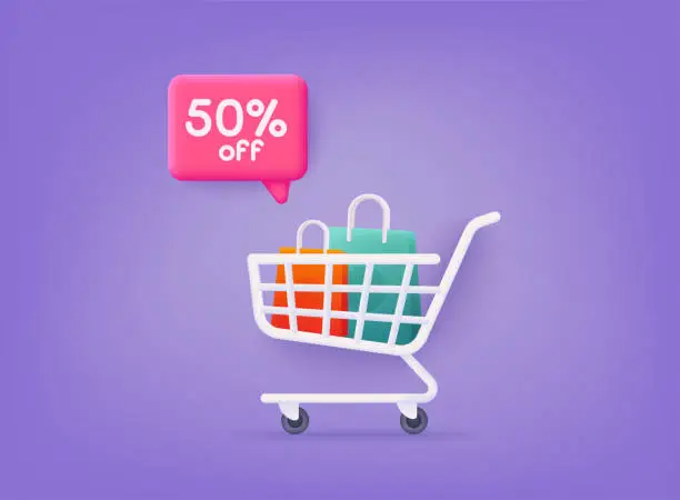 Vector illustration of Shopping cart with sale discount sign. 3D Web Vector Illustrations.