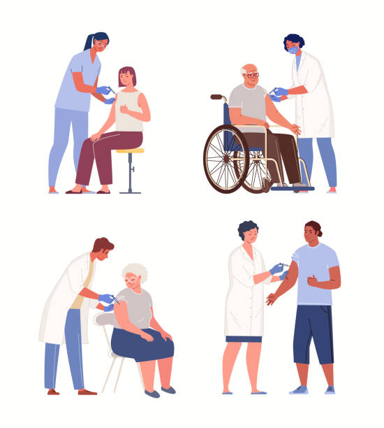 Vaccination of Young And Old People. Vaccination of young and old people. Prevention of infectious diseases. Protection against viruses and bacteria due to acquired immunity. Vector characters flat cartoon illustration. senior getting flu shot stock illustrations