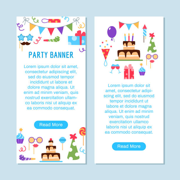Birthday party vertical banner with text space and button. Event party carnival festival celebration background with fun colorful flat elements cake gift balloons muffin candy hat vector illustration. Birthday party vertical banner with text space and button. Event party carnival festival celebration background with fun colorful flat elements cake gift balloons muffin candy hat vector illustration. birthday card carnival invitation greeting card stock illustrations