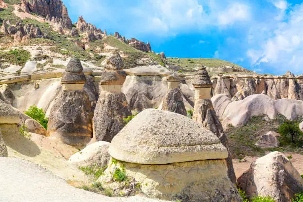 Fairy chimneys rock formations in Pasabag valley in Cappadocia, Turkey. Popular tourist destination in Turkey