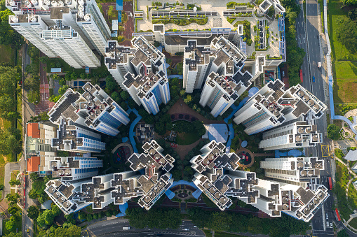 Top down view of public housing complex in Singapore