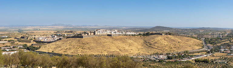 Elvas, Portugal: Panoramic image of the fortified city of Elvas and Aqueduct shot from the fort \