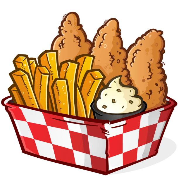 Basket of Fried Chicken and French Fries cartoon illustration An irresistible basket of deep fried chicken tenders and crispy golden French fries fresh from the deep fryer chicken finger stock illustrations